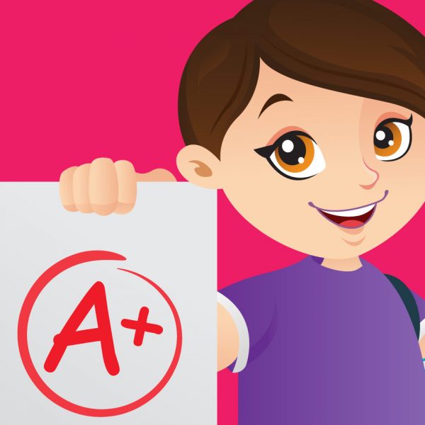 Cartoon illustration of a boy with top marks!