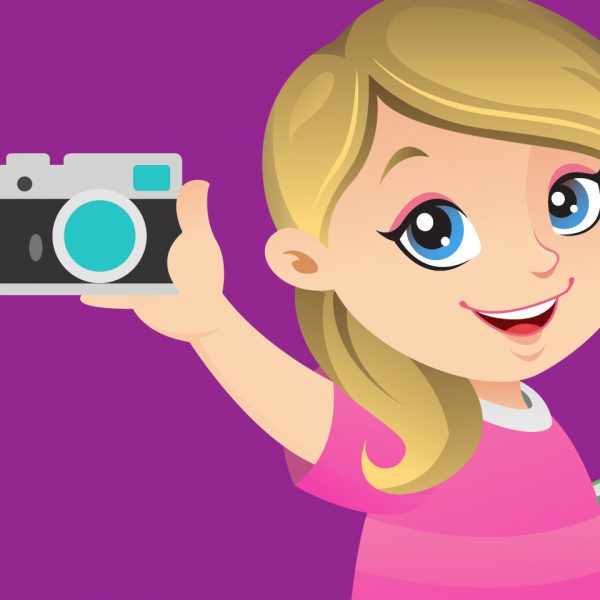 Cartoon illustration of a girl with a camera
