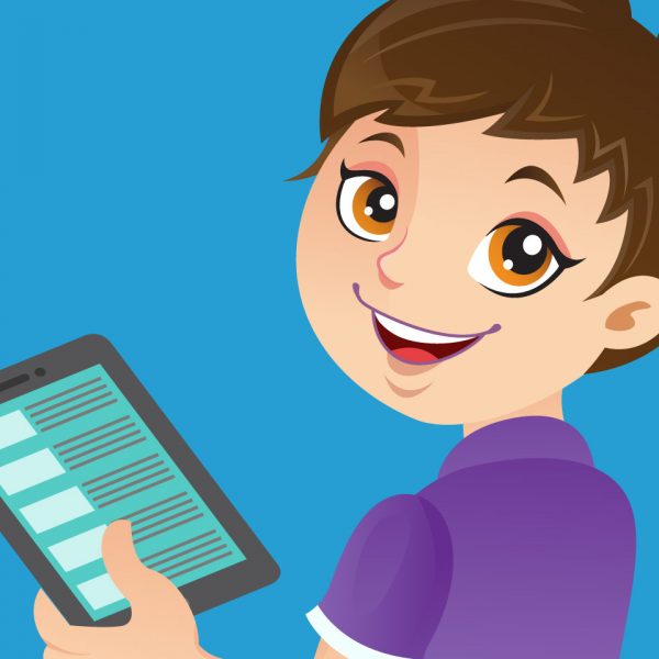 Cartoon illustration of a boy with a tablet computer