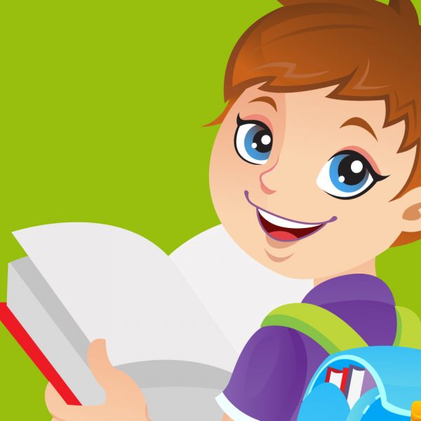 Cartoon illustration of a boy with a book